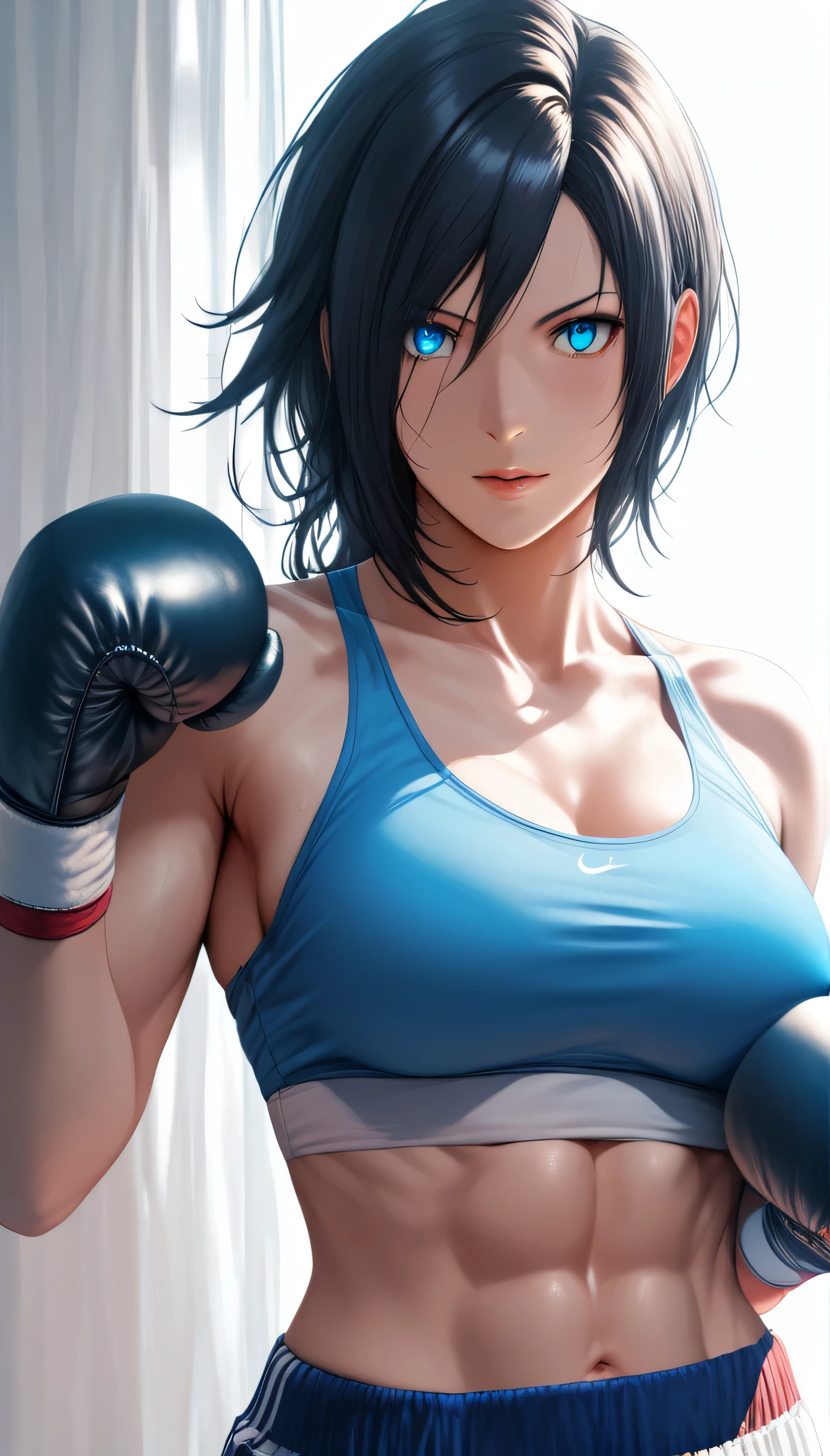 (hews art style:0.7), score_9, score_8_up, score_7_up, score_6_up, score_5_up, score_4_up, 1 girl, 23 years old, long black hair, handsome face, toned, sports bra, boxing gloves, boxing stance, high quality, masterpieceBREAK (masterpiece:1.2), best quality, high resolution, (illustration:0.8), (detailed eyes:1.3), perfect lighting, (perfect hands, perfect anatomy) 