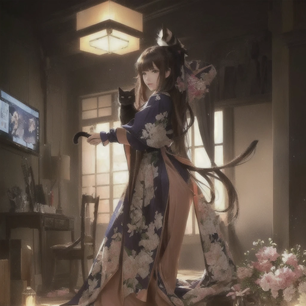 Imagem de estilo anime de uma mulher em um quarto com um gato, Gwaiz na estação de arte pixiv, Gwaiz no artstation pixiv, melhor papel de parede de anime 4k konachan, tendências no artstation pixiv, Papéis de parede de arte de anime 8K, 8K de alta qualidade, arte detalhada, Gwaiz, arte de fantasia de anime, Papel de parede de arte anime 4k