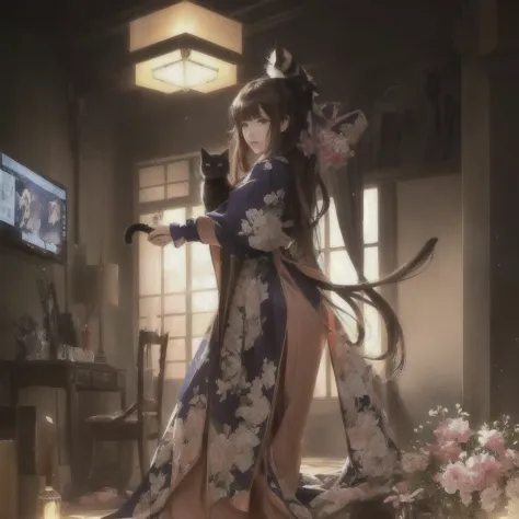 Anime-style image of a woman in a room with a cat, Gwaiz on pixiv artstation, Gwaiz on artstation pixiv, Best anime 4k konachan ...