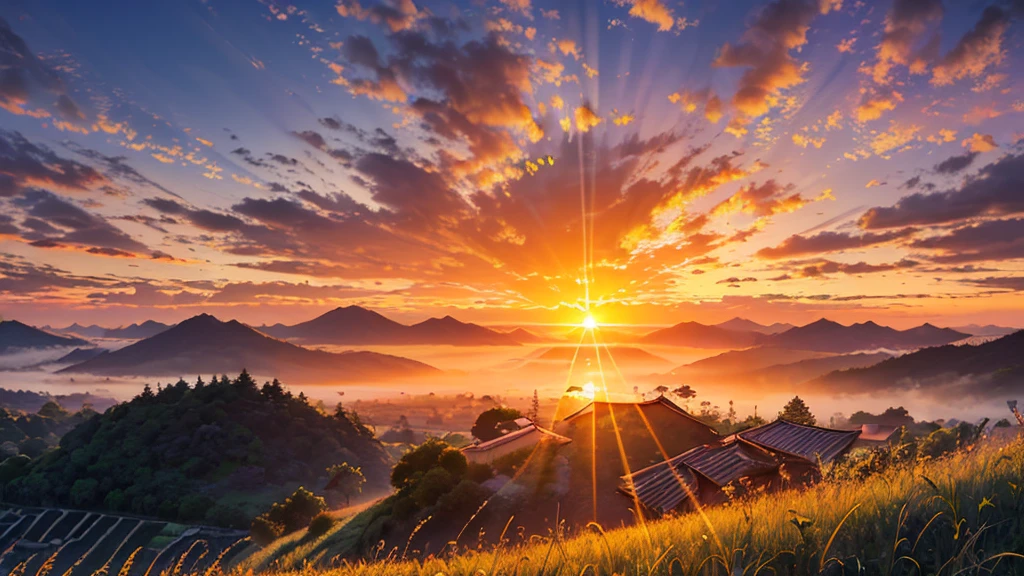 ((Beautiful sunrise scenery:1.9))、Rural area shrouded in morning mist、Rice terraces reflecting the morning sun、Close and distant views、(Highest quality、4K、8k、High resolution、masterpiece:1.2)、Very detailed、(Genuine、Realistic、Realistic:1.37)、Detailed landscape、Beautiful sky、Warm Light、Calm atmosphere、Detailed rooster、Detailed architecture、Morning Dew、Quiet landscape、Calm、Golden Hour
