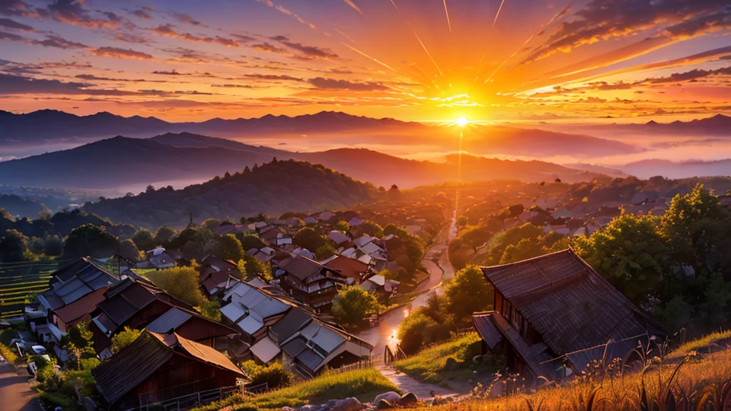 ((Beautiful sunrise scenery:1.9))、Rural area shrouded in morning mist、Rice terraces reflecting the morning sun、Close and distant views、(Highest quality、4K、8k、High resolution、masterpiece:1.2)、Very detailed、(Genuine、Realistic、Realistic:1.37)、Detailed landscape、Beautiful sky、Warm Light、Calm atmosphere、Detailed rooster、Detailed architecture、Morning Dew、Quiet landscape、Calm、Golden Hour
