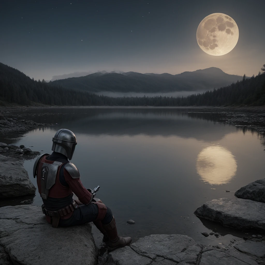 a highly detailed photo of the mandalorian sitting on the shores of a serene lake,observing the bright full moon in the night sky,the mandalorian's helmet resting on a stone beside him,dramatic lighting,cinematic composition,hyper realistic,8k,intricate details,beautiful scenery,moody atmosphere,dramatic shadows,glowing moon,stunning landscape,mist over the water,realistic textures