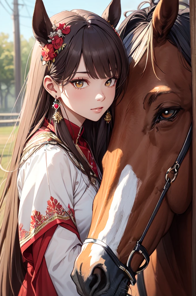 Highest quality,masterpiece, High resolution, Beautiful attention to detail,Very detailed, White-eye Aldan \(umamusume\), earrings,Horse&#39;s ears, Horse tail, Running figures, Full-body wide-angle, From below, smile, Sweat, Green and white cheerleader, Race Track,