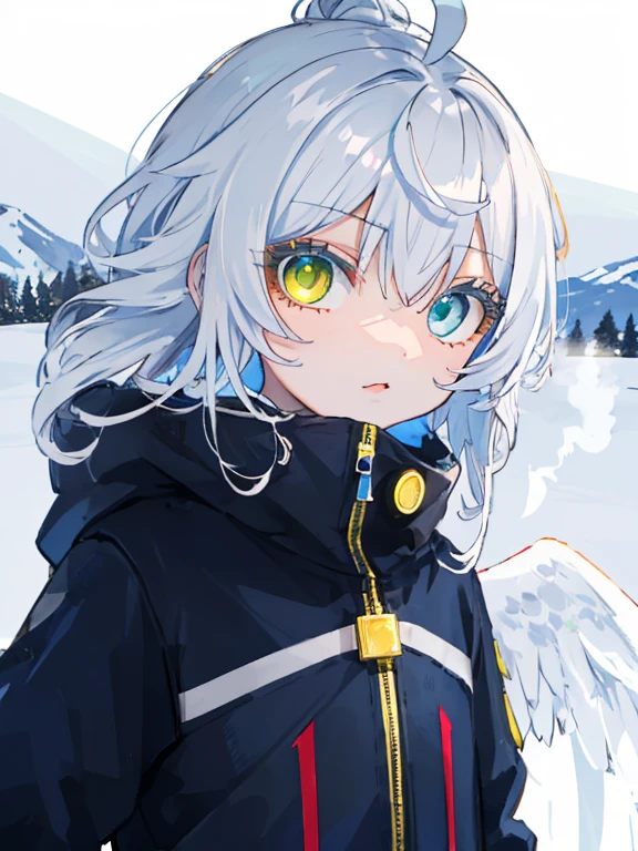 Best Quality、masutepiece、Ultra-detailed、face perfect、Extremely detailed、Extremely delicate、1 boy, (cute little), Angel, lightblue hair、half up、place々Blue Mesh、blue and yellow gradient eyes、Noble attire、Black coat、gray collared shirt、Black pants、snow mountains、snow blowing