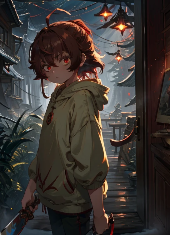 About 9 ~ 16-year-old girl，Red eyes，brown hair，White-colored skin，Wear a green hoodie，Brown pants，A red kitchen knife in his hand，There is a blush，Two-dimensional painting style，Stand in the golden promenade，The expression is gloomy。