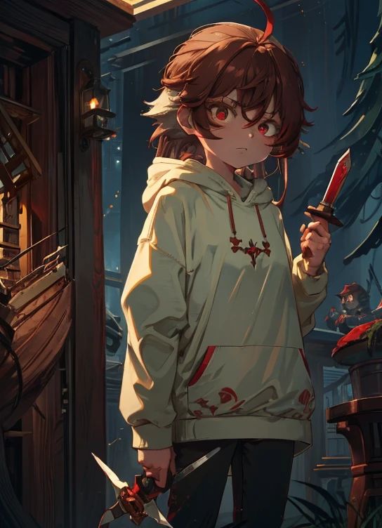 About 9 ~ 16-year-old girl，Red eyes，brown hair，White-colored skin，Wear a green hoodie，Brown pants，A red kitchen knife in his hand，There is a blush，Two-dimensional painting style，Stand in the golden promenade，The expression is gloomy。