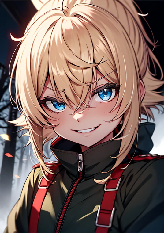 (​masterpiece,top-quality:1.1), 1girl 独奏, 1girl em, 独奏, 小柄, flat-chested, militar, Black military uniform, a blond, Black eye patch for the right eye, evil smile, evil look, going, neutral lighting,red moon, Tension scene, arrest bystander