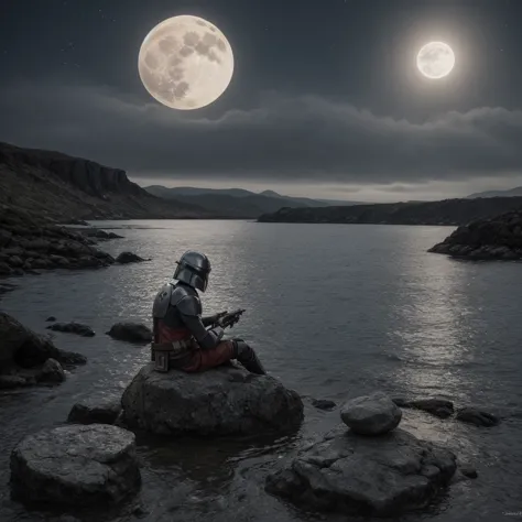 a highly detailed photo of the mandalorian sitting on the shores of a serene lake,observing the bright full moon in the night sk...