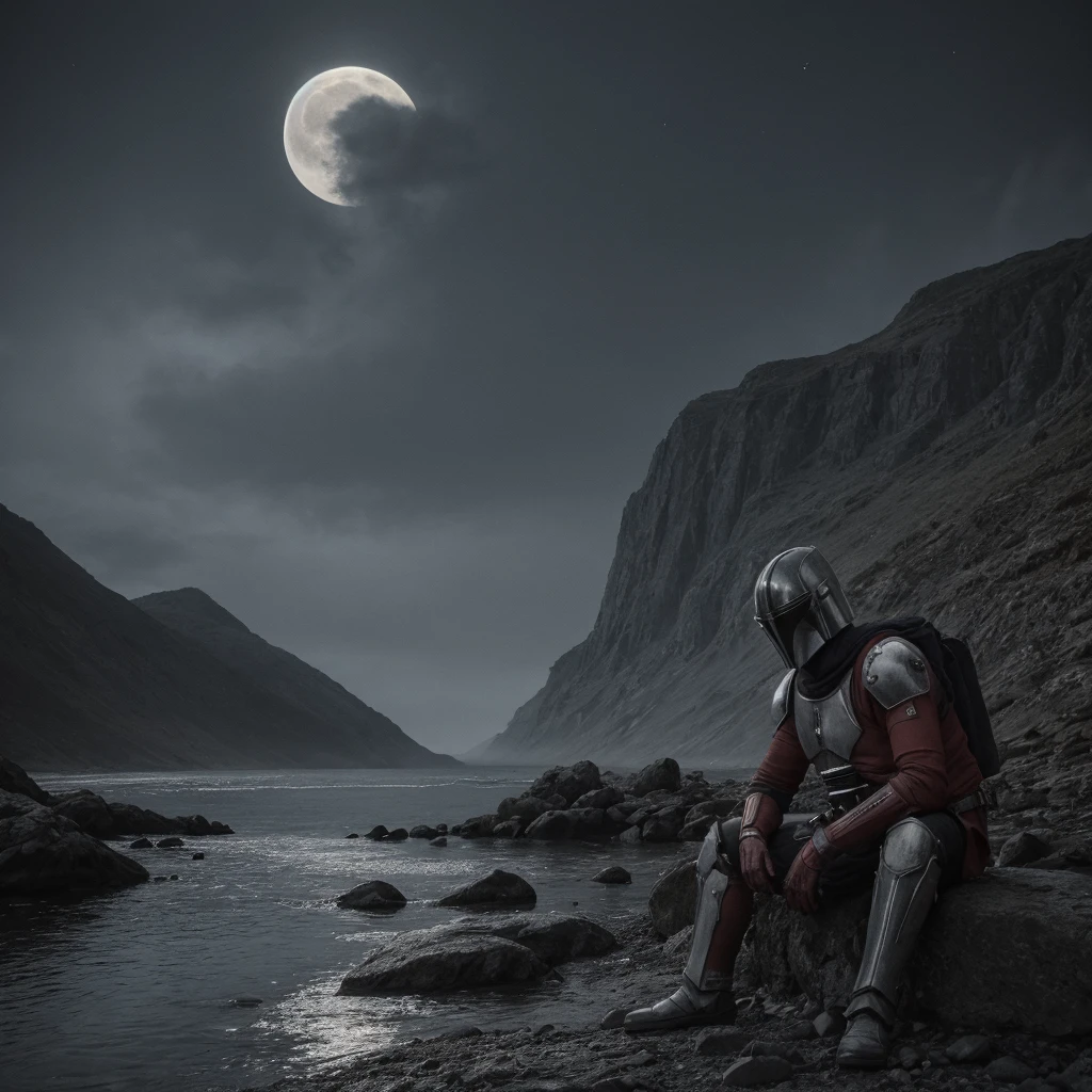 a highly detailed photo of the mandalorian sitting on the shores of a serene lake,observing the bright full moon in the night sky,the mandalorian's helmet resting on a stone beside him,dramatic lighting,cinematic composition,hyper realistic,8k,intricate details,beautiful scenery,moody atmosphere,dramatic shadows,glowing moon,stunning landscape,mist over the water,realistic textures, 3/4 shot 