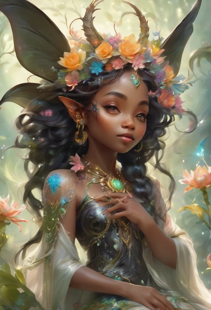 best quality),(work of art),(intricate details)a black  girl, (full body) mystical creature, with horns, elf ears, instead of hair she has bright and sparkling flowers as hair, she is kneeling on the ground playing with a baby dragon, the background is completely black.