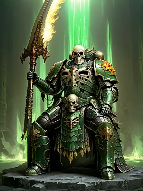 demon king character, skull head and fire in his skull, thick armor, full of jewelry, hanging big sword, big and muscular, sitti...