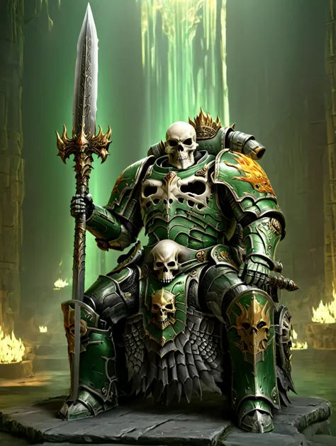 demon king character, skull head and fire in his skull, thick armor, full of jewelry, hanging big sword, big and muscular, sitti...