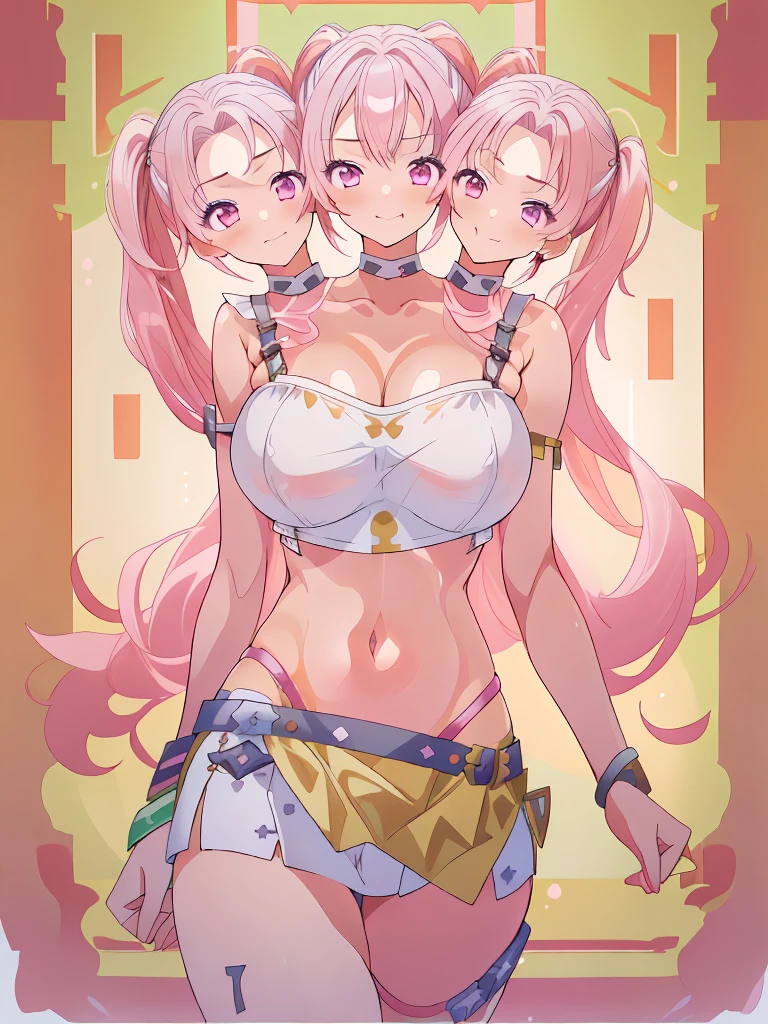 (masterpiece, best quality), best resolution, (3heads:1.5), 1girl, pink hair, twintails, long pigtails, smug, open belly, white crop top, white miniskirt, open breasts, huge tits, 
