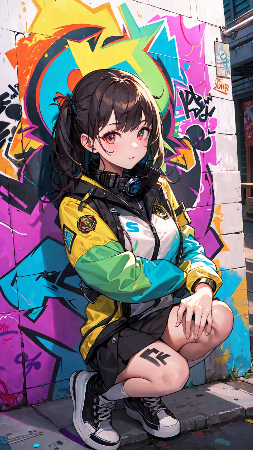 (Highest quality), masterpiece, Highly detailed CG uniform 8K illustrations, High collar, extremely High collar saturation, All the colors have deepened, paint, Graffiti art, Center Configuration, Highly detailed lights and shadows, Graffiti wall, wall painted bright, A girl&#39;s graffiti A girl is staring at the wall, Highly detailed face and eyes, Medium length hair, Sportswear, Coloured Clouds