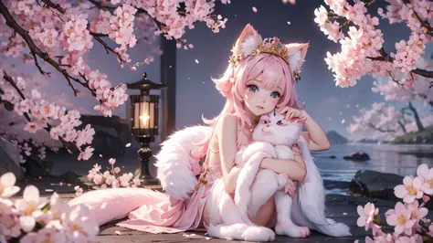 a small kitten with light pink fur and a furry tail wearing a tiara of golden flowers amidst cherry blossoms