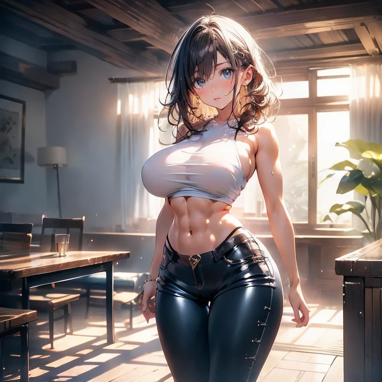 Anime Kawaii sexy Perfect Slim sensual body large breast and huge thighs, An intricate and highly detailed illustration of anime (Young girl).A beautiful girl with large breasts, toned abs, shy expression, wearing tight pants, muscular man, photorealistic, 8k, hyperdetailed, chiaroscuro lighting, cinematic composition, dramatic colors