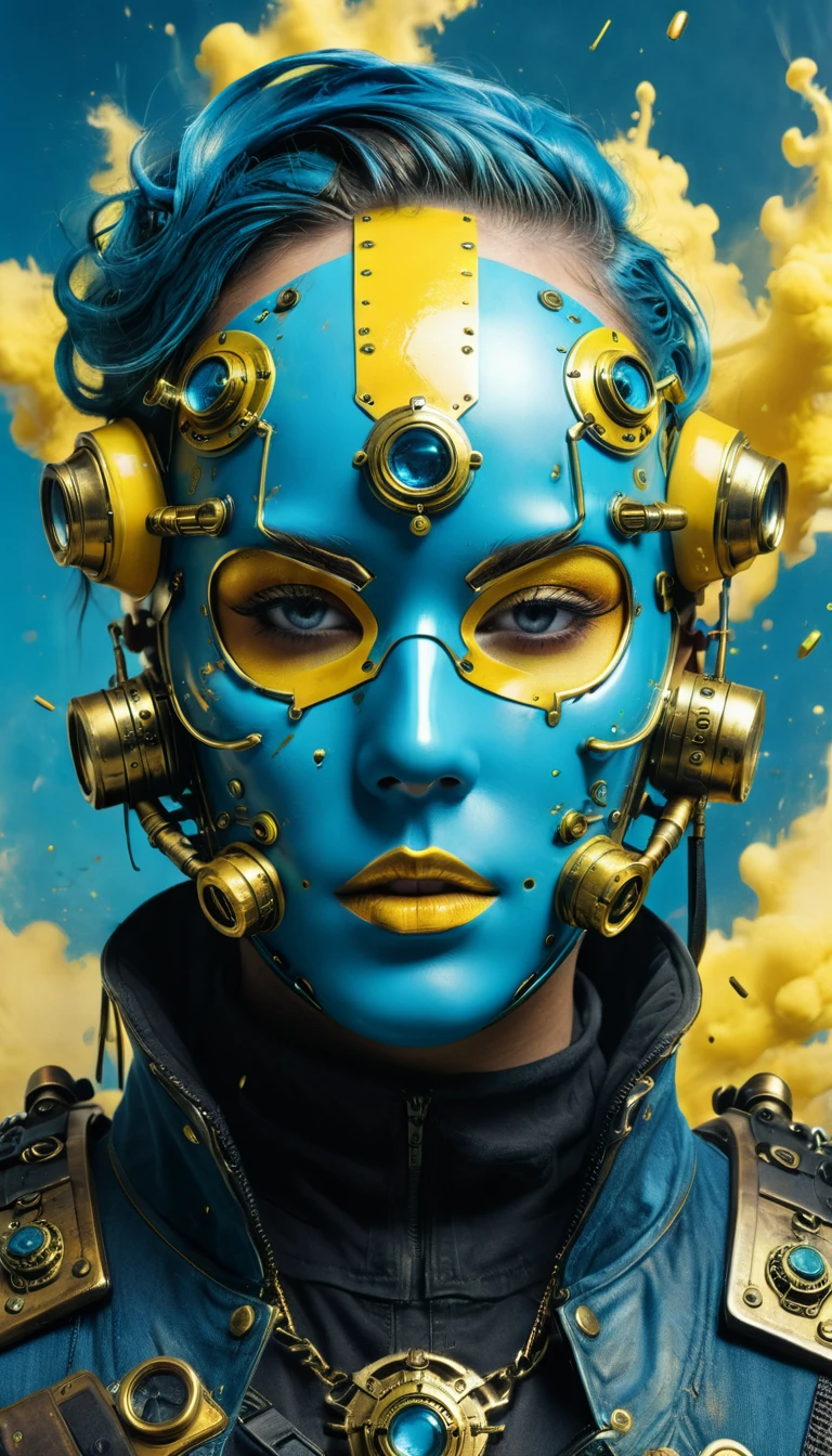 Steampunk face masked, vaporpunk, future vintage, close view, backgroung woth weapons and ammunition, blue and yellow artwork, 4d, 8k