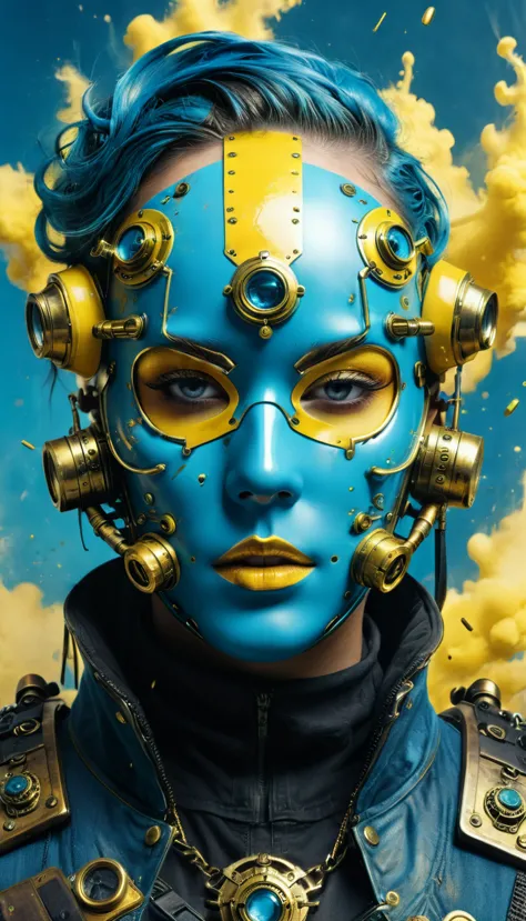 Steampunk face masked, vaporpunk, future vintage, close view, backgroung woth weapons and ammunition, blue and yellow artwork, 4...