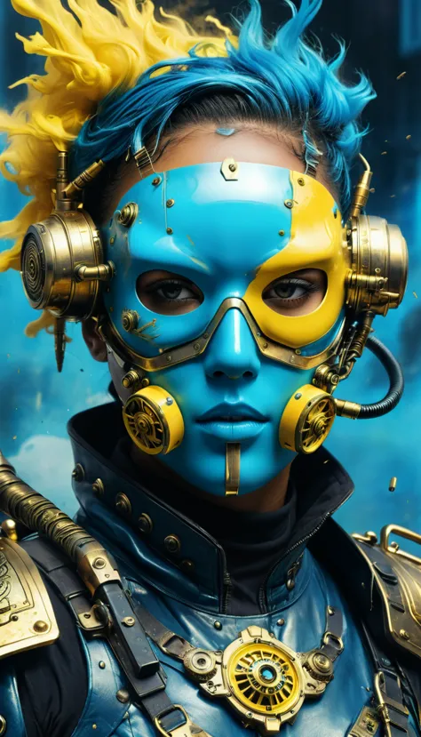 Steampunk face masked, vaporpunk, future vintage, close view, backgroung woth weapons and ammunition, blue and yellow artwork, 4...