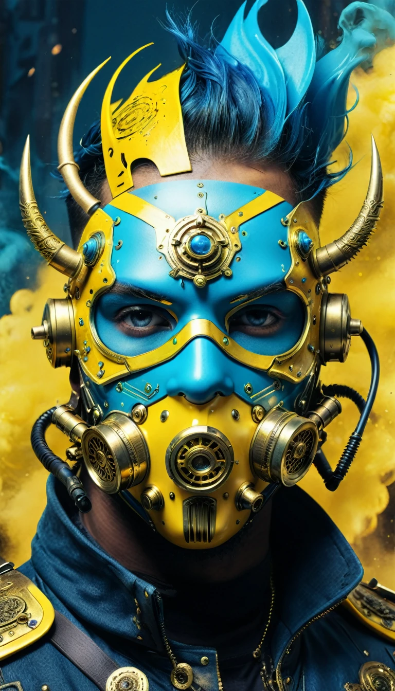 Steampunk face masked, vaporpunk, future vintage, close view, backgroung with weapons and ammunition, ornaments, male, blue and yellow artwork, 4d, 8k