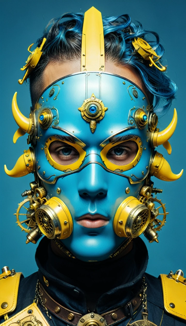 Steampunk face masked, vaporpunk, future vintage, close view, backgroung with weapons and ammunition, ornaments, male, blue and yellow artwork, 4d, 8k