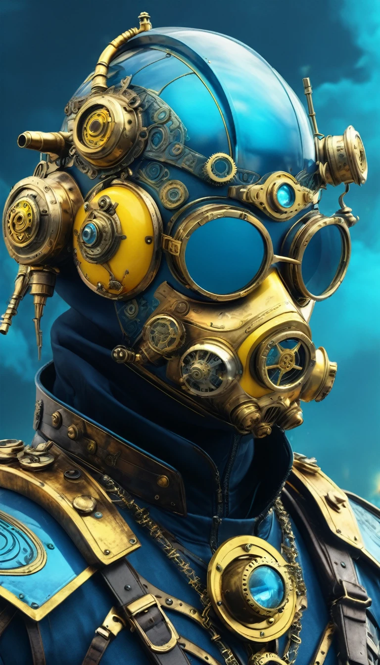 Steampunk face masked, helmet, vaporpunk, future vintage, close view, 3/4 view, backgroung with weapons and ammunition, ornaments, male, blue and yellow artwork, 4d, 8k, high tech