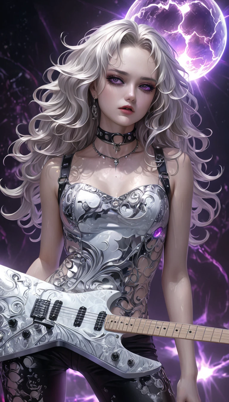 beautiful woman, plays star-shaped electric guitar with deformed body, cool and sadistic, amorous and lewd face, looking down with a cold gaze, make-up, beautiful messy white wavy hair, great proportion, wearing heavy metal fashion, choker, (ultra detailed, absolutely resolution, best quality:1.3), 2.5D, delicate and dynamic, hyper realistic, artistic photography, graphic CG digital art, shading effects, background purple and black cosmic rays illuminated by a large transparent crystal ball