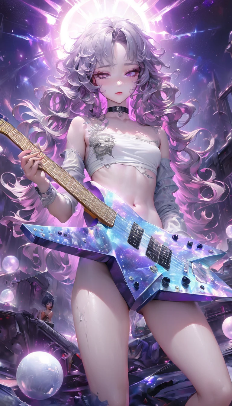 beautiful woman, plays star-shaped electric guitar with deformed body, cool and sadistic, amorous and lewd face, looking down with a cold gaze, make-up, beautiful messy white wavy hair, great proportion, wearing heavy metal fashion, choker, (ultra detailed, absolutely resolution, best quality:1.3), 2.5D, delicate and dynamic, hyper realistic, artistic photography, graphic CG digital art, shading effects, background purple and black cosmic rays illuminated by a large transparent crystal ball