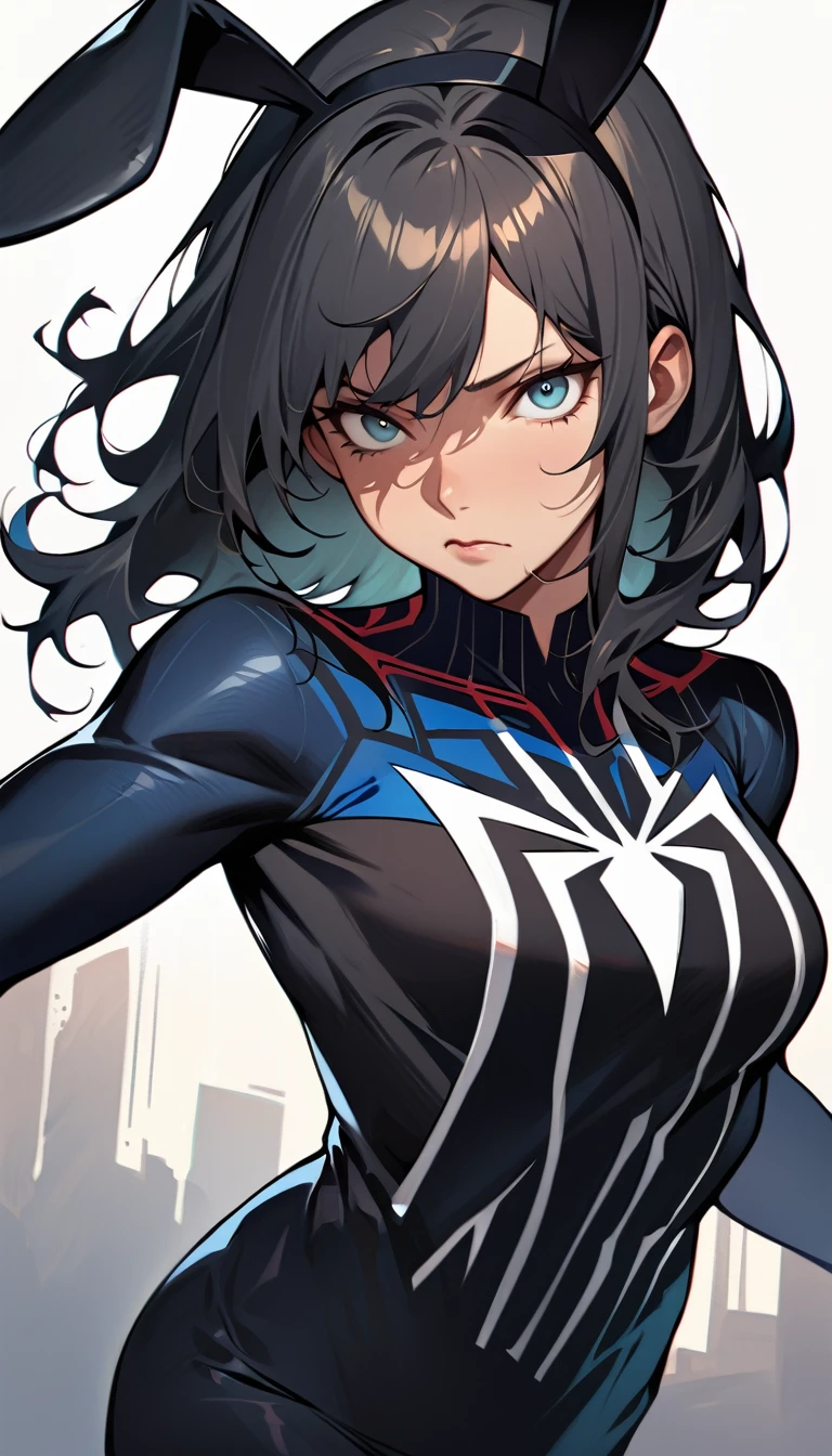 (high quality, 8k, 4K, high contrast, artwork:1.2, high quality, best aesthetics), (centered), ((1 woman)), mature body, super detailed, beautiful face detailed, beautiful eyes detailed, detailed beautiful mouth, (black hair, short wavy black hair), (black eyes), (black lipstick), (pair of black rabbit ears on head), (serious expression), (looking at viewer), (penetrating gaze), (black female spiderman uniform), (standing), (front view)