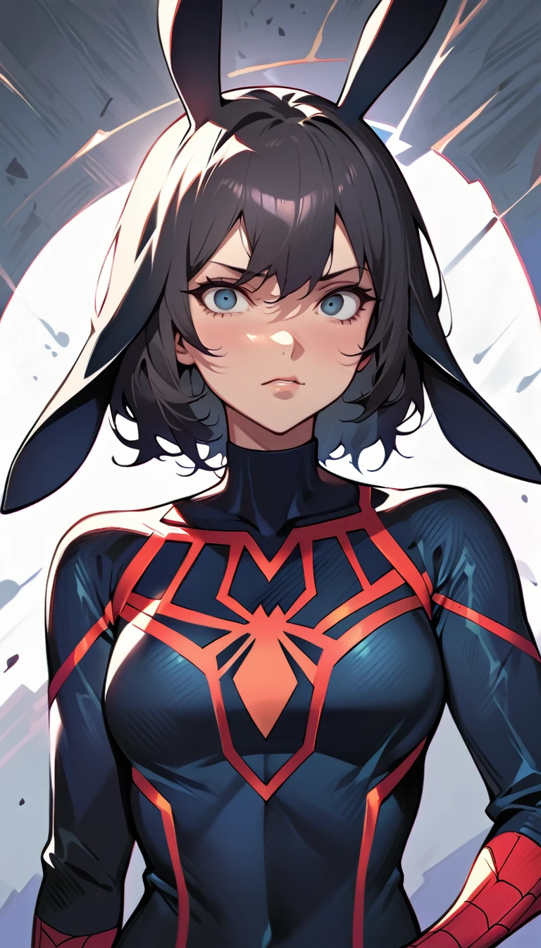 (high quality, 8k, 4K, high contrast, artwork:1.2, high quality, best aesthetics), (centered), ((1 woman)), mature body, super detailed, beautiful face detailed, beautiful eyes detailed, detailed beautiful mouth, (black hair, short wavy black hair), (black eyes), (black lipstick), (pair of black rabbit ears on head), (serious expression), (looking at viewer), (penetrating gaze), (black female spiderman uniform), (standing), (front view)