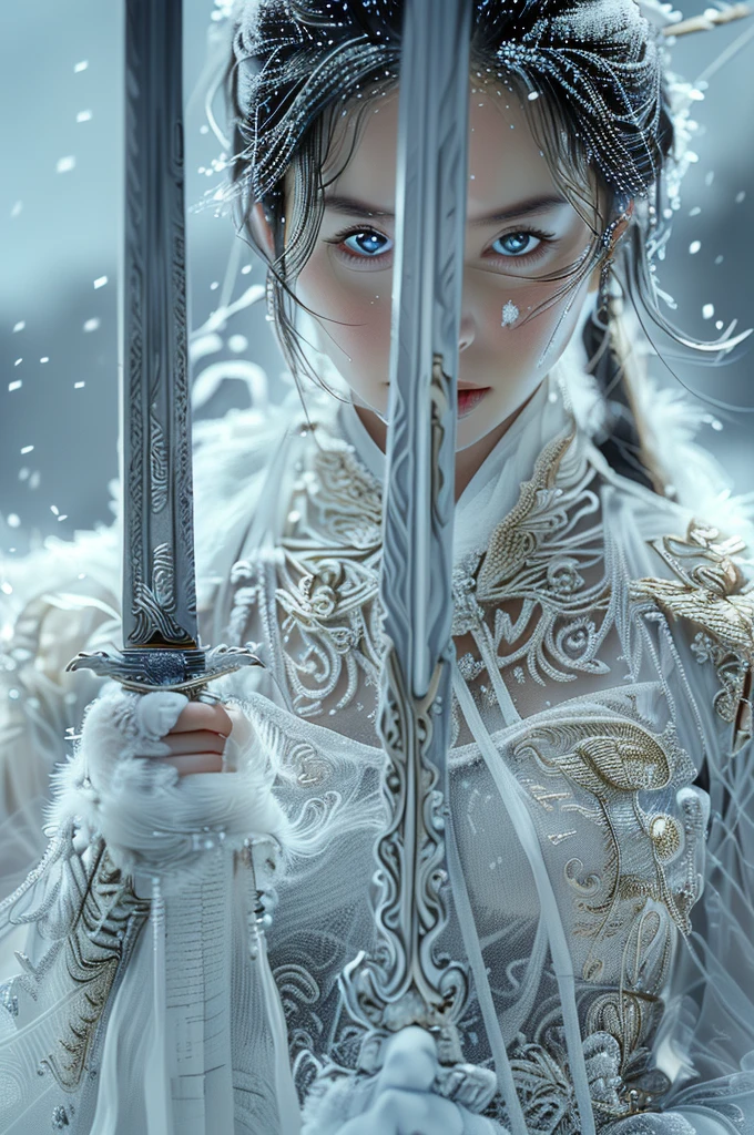 Perfect composition golden ratio，masterpiece，best quality，4K，Clear focus．Better Hands，Perfect anatomical structure，swordswoman,1 Girl,snow,winter,sword,