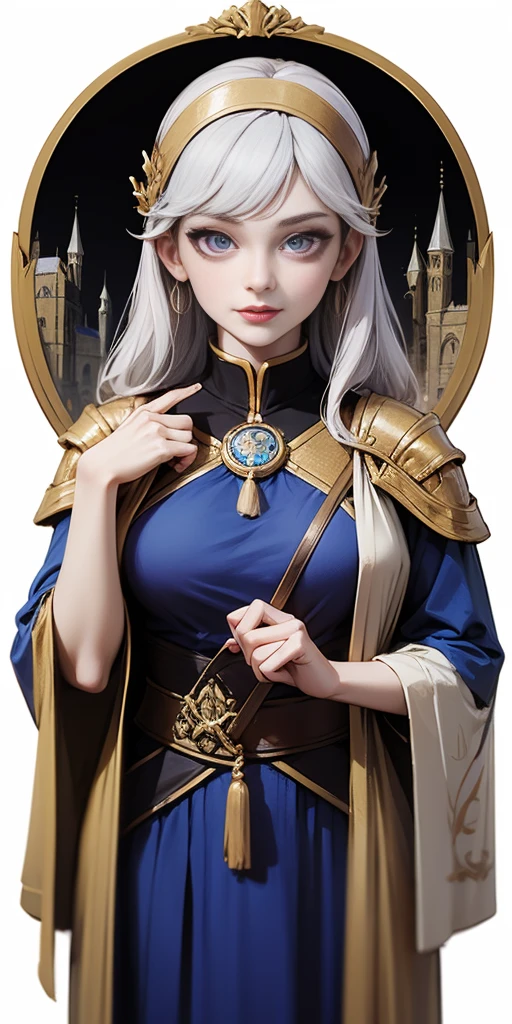 (Female chest covered)(smile) Gray skin, pale golden hair and violet eyes. She prefers clothing of white and silver with cloaks of deep blue or purple, village background, huge_knockers ((very precise detailed)) ((highres)