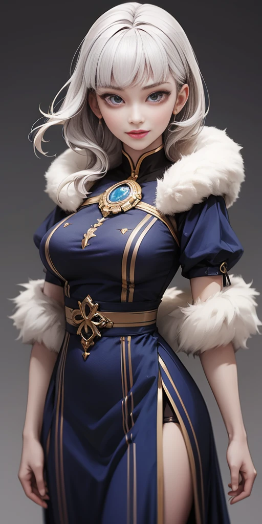 (Female chest covered)(smile) Gray skin, pale golden hair and violet eyes. She prefers clothing of white and silver with cloaks of deep blue or purple, village background, huge_knockers ((very precise detailed)) ((highres)