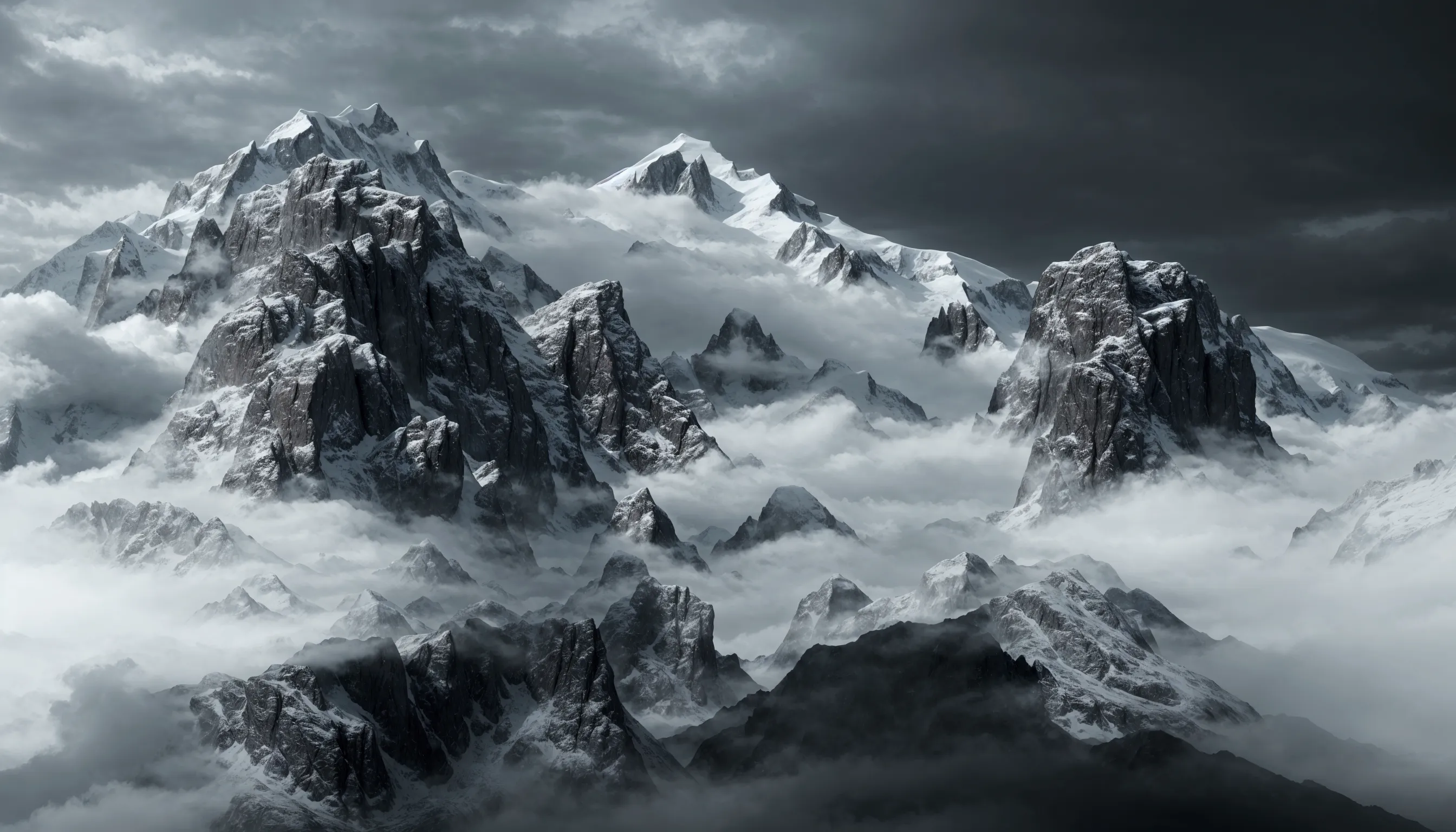 There is a black and white photo，Photo of clouds and mountains, Ethereal Landscape, in a Surreal dream landscape, Surreal frozen...