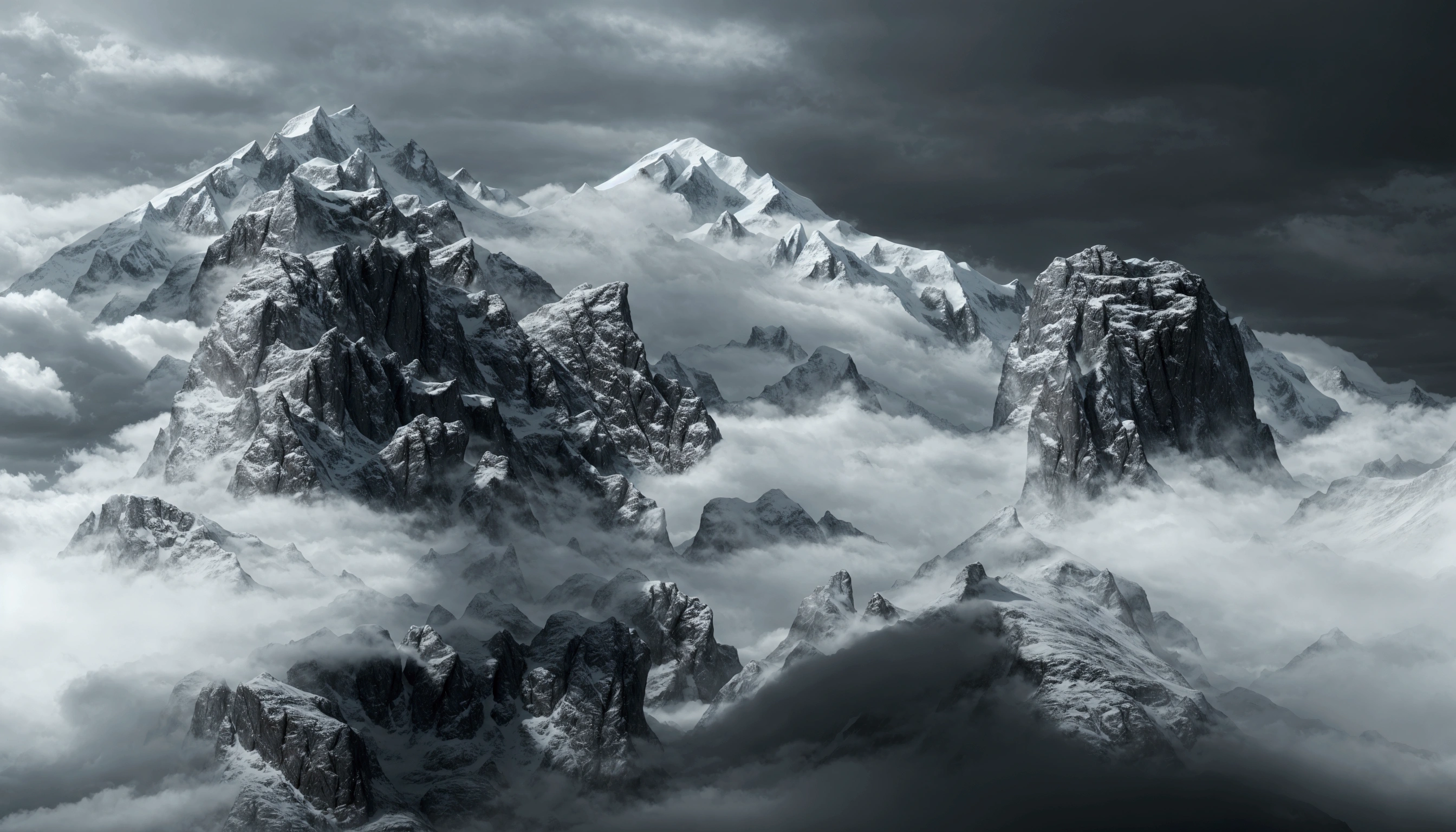 There is a black and white photo，Photo of clouds and mountains, Ethereal Landscape, in a Surreal dream landscape, Surreal frozen landscape, Inspired by Franz Sedlacek, surreal dreamscape, a Surreal dream landscape, Surreal dream landscape, iceberg, Dreamlike scene, Detailed Dreams, Inspired by Ansel Adams, (fantasy), There are snow mountains and ice