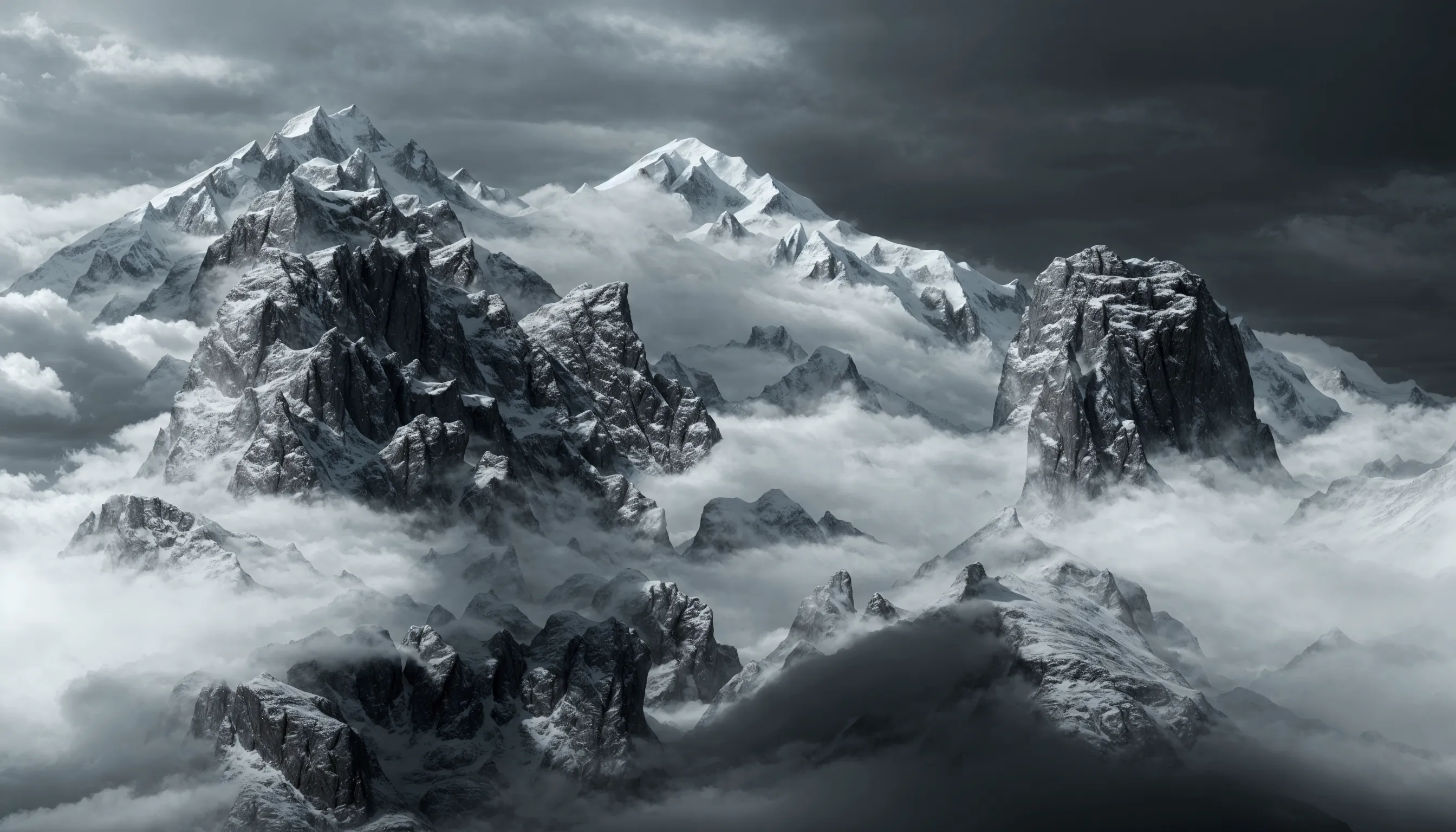 There is a black and white photo，Photo of clouds and mountains, Ethereal Landscape, in a Surreal dream landscape, Surreal frozen...