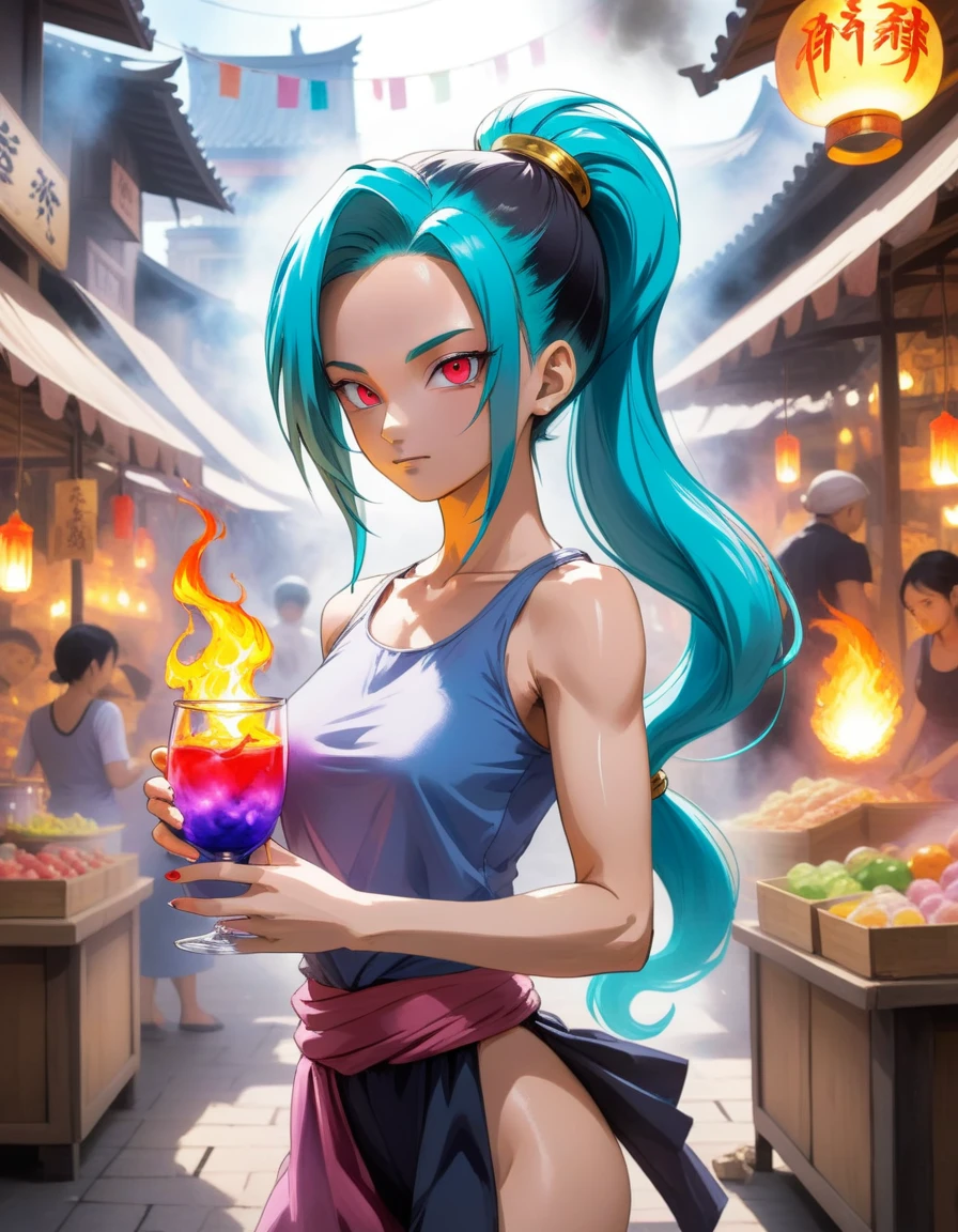 anime in 4D vivid colors high quality Jinx DBZ + Meliodas bones Portrait front view of a girl standing in a mystical marketplace with black neon fire hair in a flowing ponytail in a dynamic pose she is holding a glass of bubbling potion out to the view red tomoi eye in the background are busy vendors and magical light and smoke from the various market stalls Surréalisme watercolor painting style stylize 1000 line art watercolor wash by inacofairy rugge canvas 