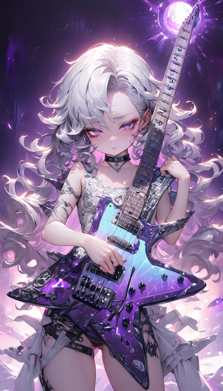 beautiful woman, plays star-shaped electric guitar with deformed body, cool and sadistic, amorous and lewd face, looking down with a cold gaze, make-up, beautiful messy white wavy hair, great proportion, wearing heavy metal fashion, choker, (ultra detailed, absolutely resolution, best quality:1.3), 2.5D, delicate and dynamic, shading effects, background purple and black cosmic rays illuminated by a large transparent crystal ball