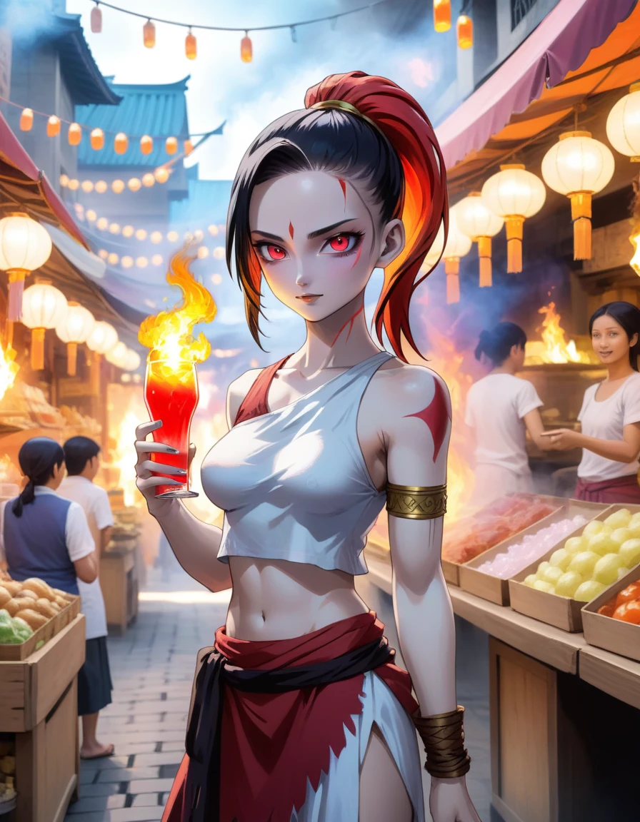 anime in 4D vivid colors high quality girl Kratos + Meliodas bones Portrait front view of a girl standing in a mystical marketplace with black neon fire hair in a flowing ponytail in a dynamic pose she is holding a glass of bubbling potion out to the view red tomoi eye in the background are busy vendors and magical light and smoke from the various market stalls Surréalisme watercolor painting style stylize 1000 line art watercolor wash by inacofairy rugge canvas 