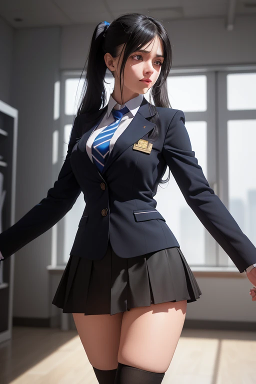 1girl, beautiful young woman, long black hair, twin tails, blue blazer uniform, tie, tight skirt, knee socks, standing in anatomy club room, gazing at viewer, sweet expression, human body drawings on blackboard, (best quality,4k,8k,highres,masterpiece:1.2),ultra-detailed,(realistic,photorealistic,photo-realistic:1.37),anatomy,scientific,precise,hyper-realistic,intricate details,vivid colors,cinematic lighting,volumetric lighting,depth of field,photo-realistic rendering