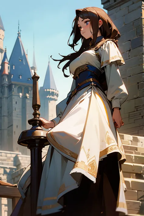 young female, medieval era, knight, castle background