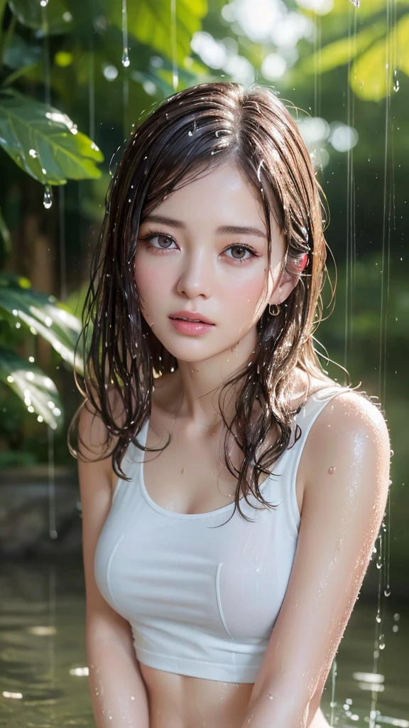 (Highest quality, 4K, masterpiece :1.3), Beautiful woman, One Girl, sexy :1.1, Dark brown hair: 1.1, (It rained and I got wet, raindrop, Wet body :1.2), White tank top, Roll up your shirt to show your belly button、Highly detailed face, Detailed lips, Detailed eyes, double eyelid