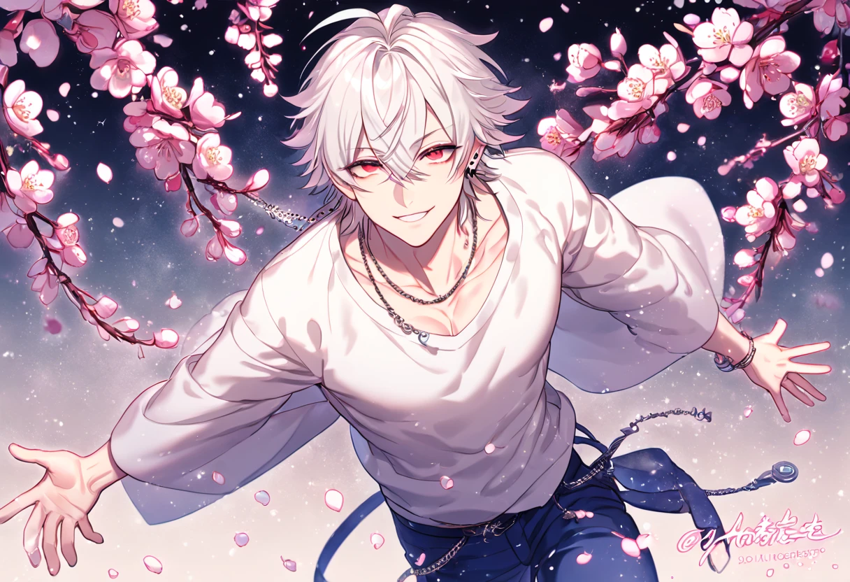 Ultra detailed, HDR, Highres, absurdres, master piece, Aohitsugi Samatoki, white hair, long eyelashes, expressive red eyes, white shirt, blue pants, Hypnosis Mic, sexy man, handsome, cherry, flowers, blossoms, fantasy, magical, pink leaves, snowing, handsome, sensual, best quality, glittering, solo, necklace, piercing, handsome smile,