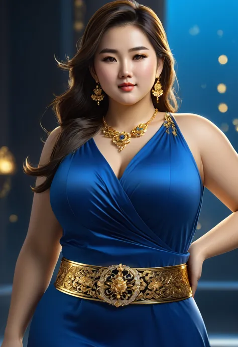 plump woman in a blue dress with a golden belt and a necklace, 8k 3D rendering character art, trends on cgstation, chengwei pot ...