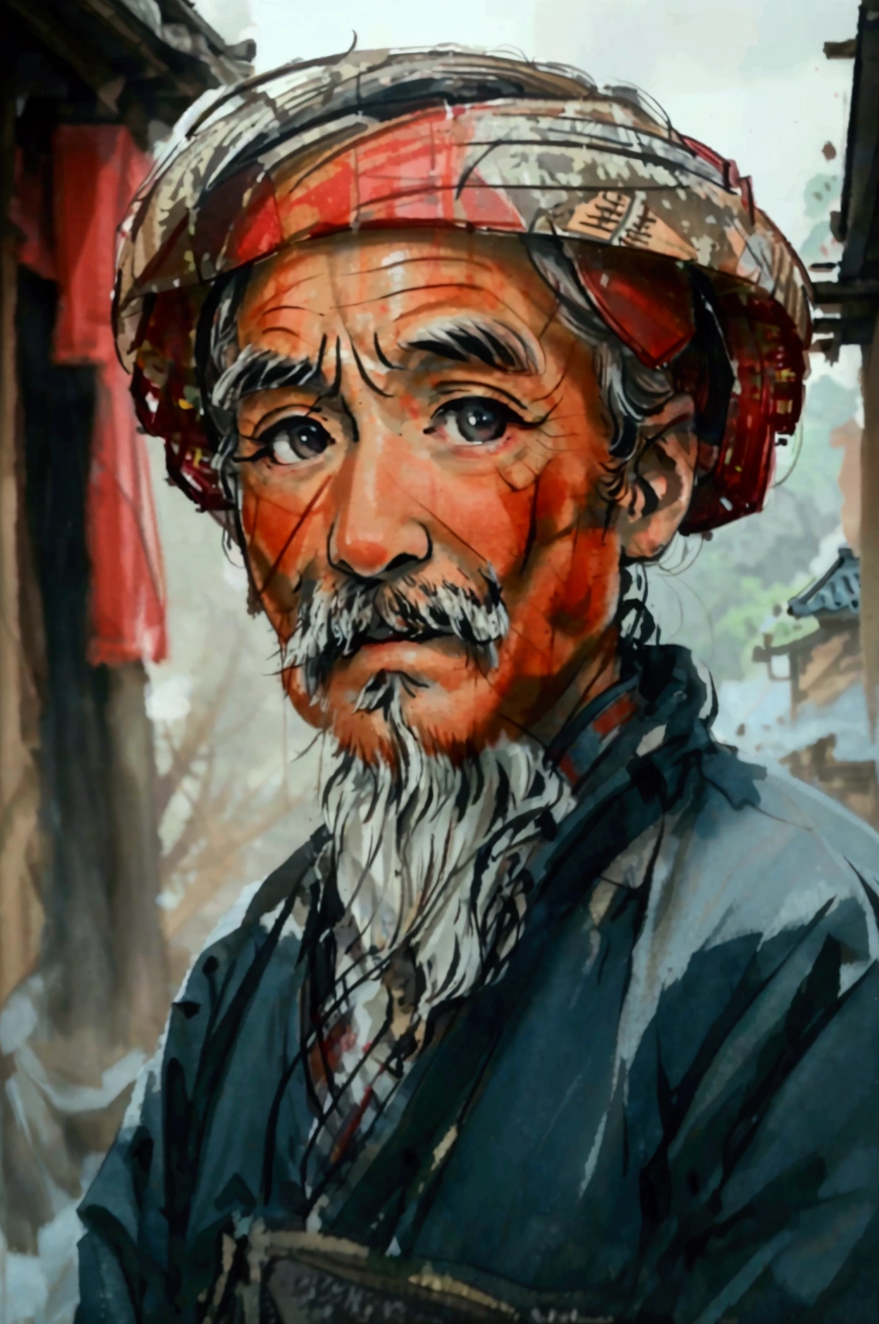 HD Photography，16K，HD Photography16K，Double Exposure，Multi-exposure photography of an old Chinese father and a rural village