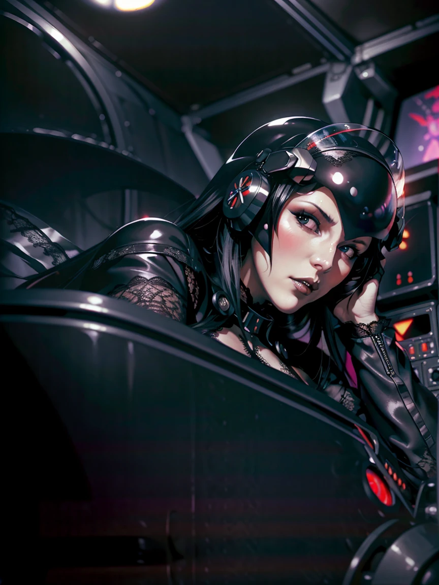 (((gothic vampire piloting) in gothic spacecraft)), (((retro anime))), ((from below)), ((fisheye-view)), ((((gothic)) control panels)), (((mature))), (((gothic))), (iridescent) bodysuit, ((((lace accessories)))), ((pilot seat)), ((((lying back)) pose)), (((elegant))), (((serious tone))), ((cockpit top control panel)), intricate control panel details, close-up, 1990s (style), masterpiece, ((claustrophobic)), best quality, screens, ((pilot helmet)), night, ((low key light)), (colorful cockpit lights), sparkles, (dramatic lighting), sweat, [blushing], [[pointy ears]], (realistic), (dark background)