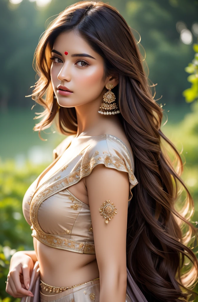 (masterpiece:1.5), (hyper-realistic:1.5), (high quality, 4k, highres, realistic:1.2), ((full body shot)), (Wide angle shot), Extremely stunning depiction of a  beautiful indian girl, wearing traditional indian dress with matching fashion accessories. The girl should possess exquisite symmetrical facial features, including beautiful detailed glossy eyes, delicate nose, and captivating full glossy lips, perefect natural round medium breasts. She should radiate a sense of grace and softness. The background should showcase a surreal lake, with vibrant flowers, mountains and lush greenery in the background. The scene should be bathed in soft, ethereal lighting, casting gentle shadows and highlighting the woman's ethereal beauty. The artwork should be rendered in a medium that combines the depth and texture of classical oil paintings with the vividness and precision of digital art. The colors and tones should reflect the melancholic essence, with a mixture of muted grays, blues, and hints of warm sepia. The final image should be visually stunning and evoke a sense of awe and contemplation, capturing the essence of a divine presence