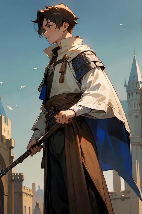 male, young teen, medieval era, knight, castle background,weapon