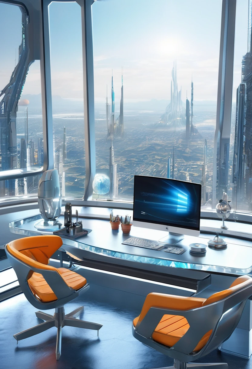 a beautiful sci-fi futuristic private office room with matte painting by John Harris, Sparth e Greg Rutkowski. Sharp edges, Tiffany azul, gray orange, white and gold. Science fiction room on a space base, Outside the windows a future city skyline, Efeito de Luz. ultra clear detailed, 3d, octane render 8