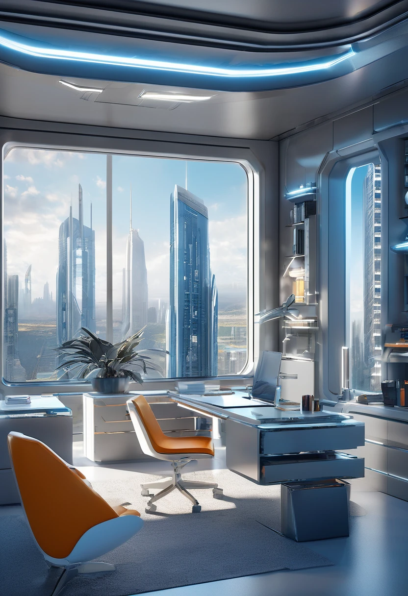 a beautiful sci-fi futuristic private office room with matte painting by John Harris, Sparth e Greg Rutkowski. Sharp edges, Tiffany azul, gray orange, white and gold. Science fiction room on a space base, Outside the windows a future city skyline, Efeito de Luz. ultra clear detailed, 3d, octane render 8